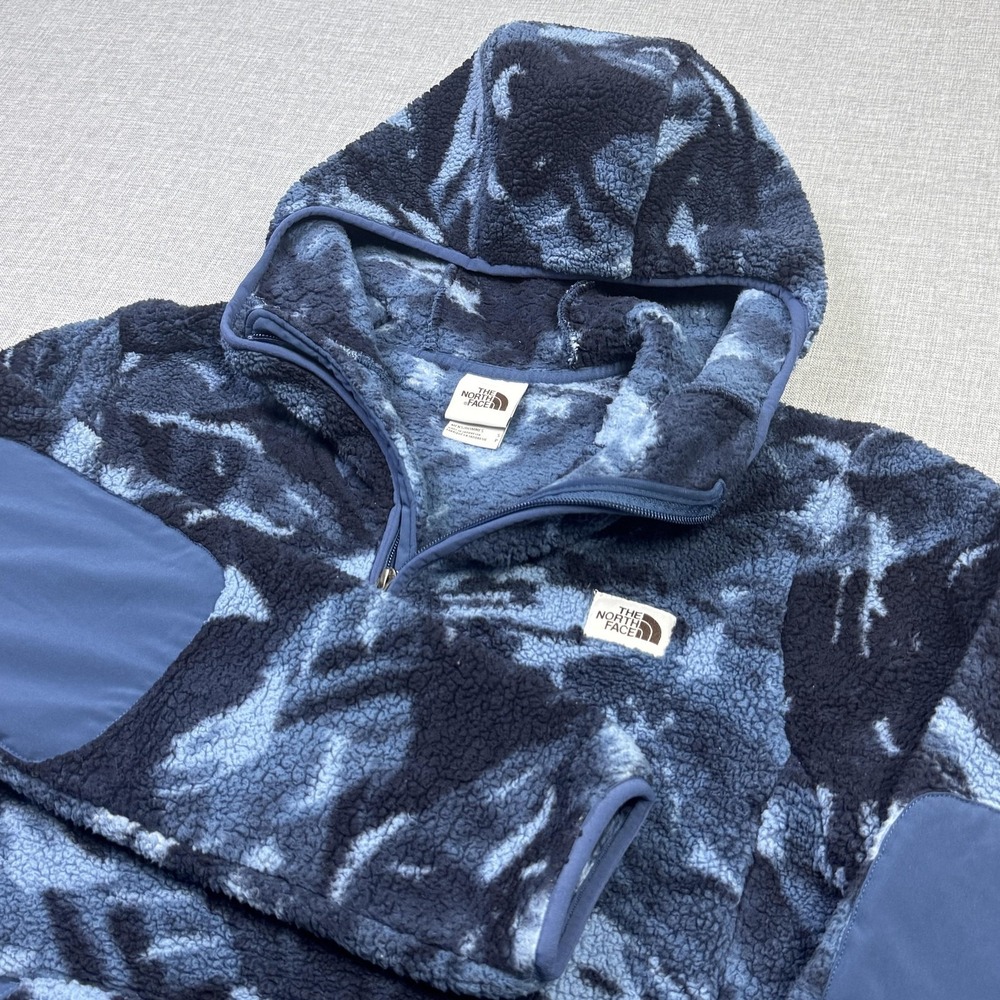 The North Face Hoodie Mens Small Blue Camouflage Pullover 1/4 Zip Hooded Pockets